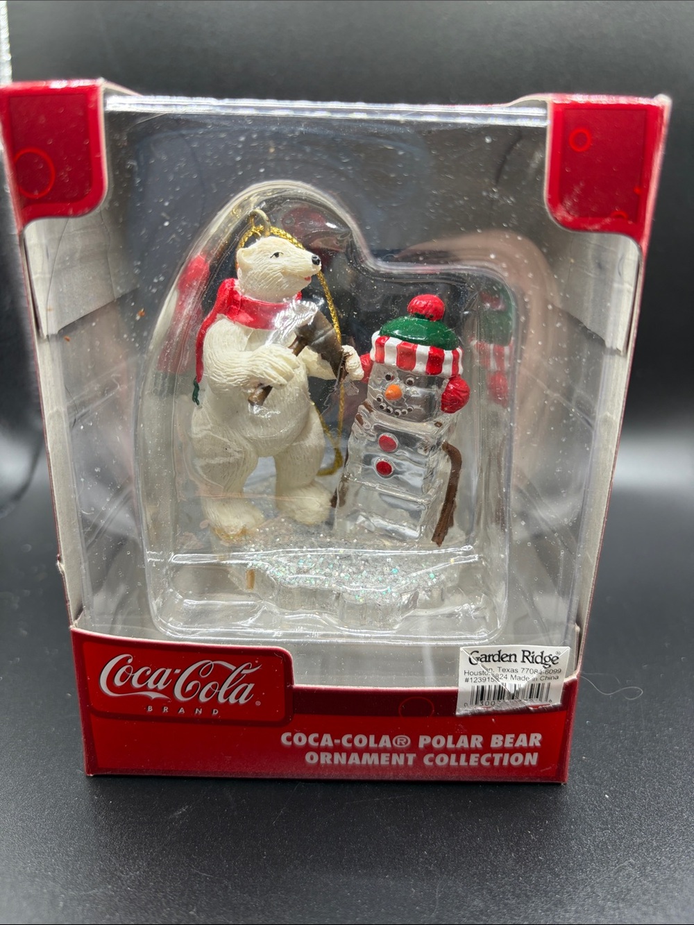 Cola-Cola ornament. New in box. Bear carving a snowman. Unopened